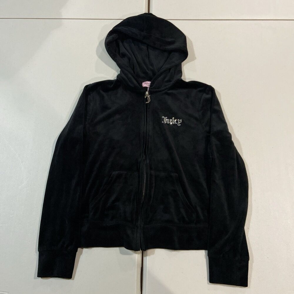 Vintage Y2K Juicy Couture Black Velour Hoodie Zip-Up Size Medium